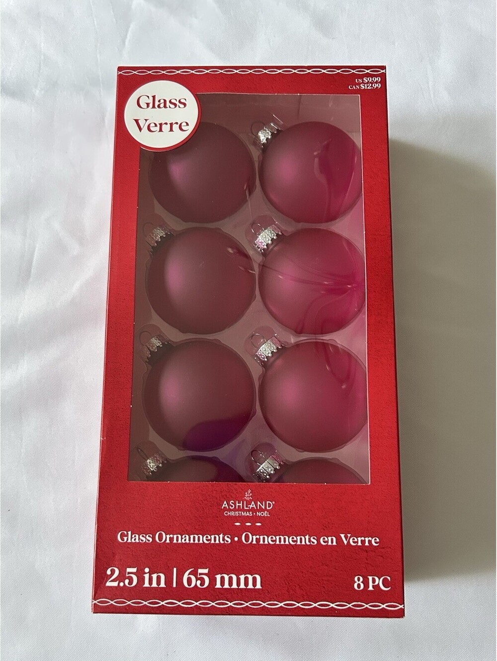 NIB 8 Ashland Pink Red Frosted Glass Christmas Ornaments Decorations Crafts